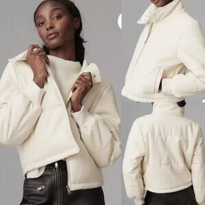 Anthropologie Faux Leather Puffer Cropped Jacket Cream Ivory